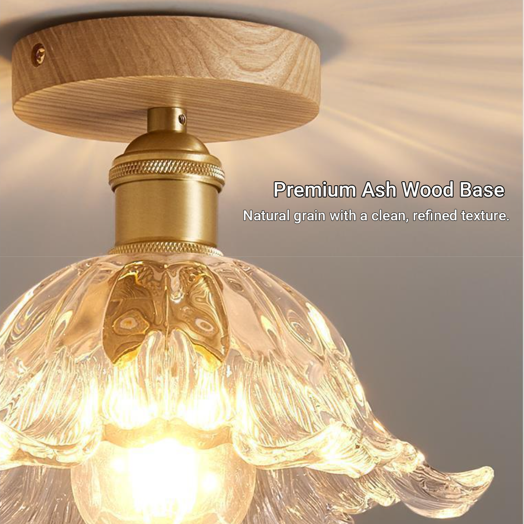 Vintage Ash Wood & Glass Flush Mount Ceiling Light