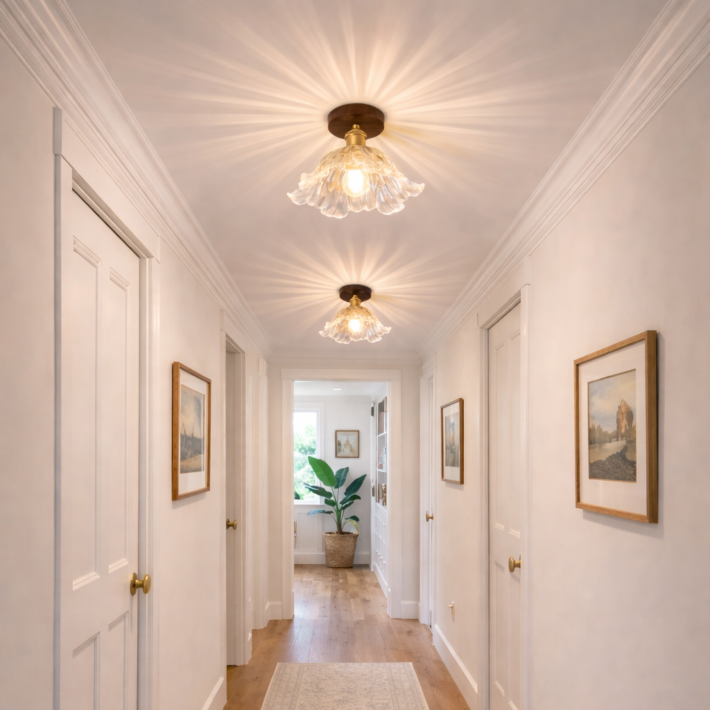 Vintage Ash Wood & Glass Flush Mount Ceiling Light