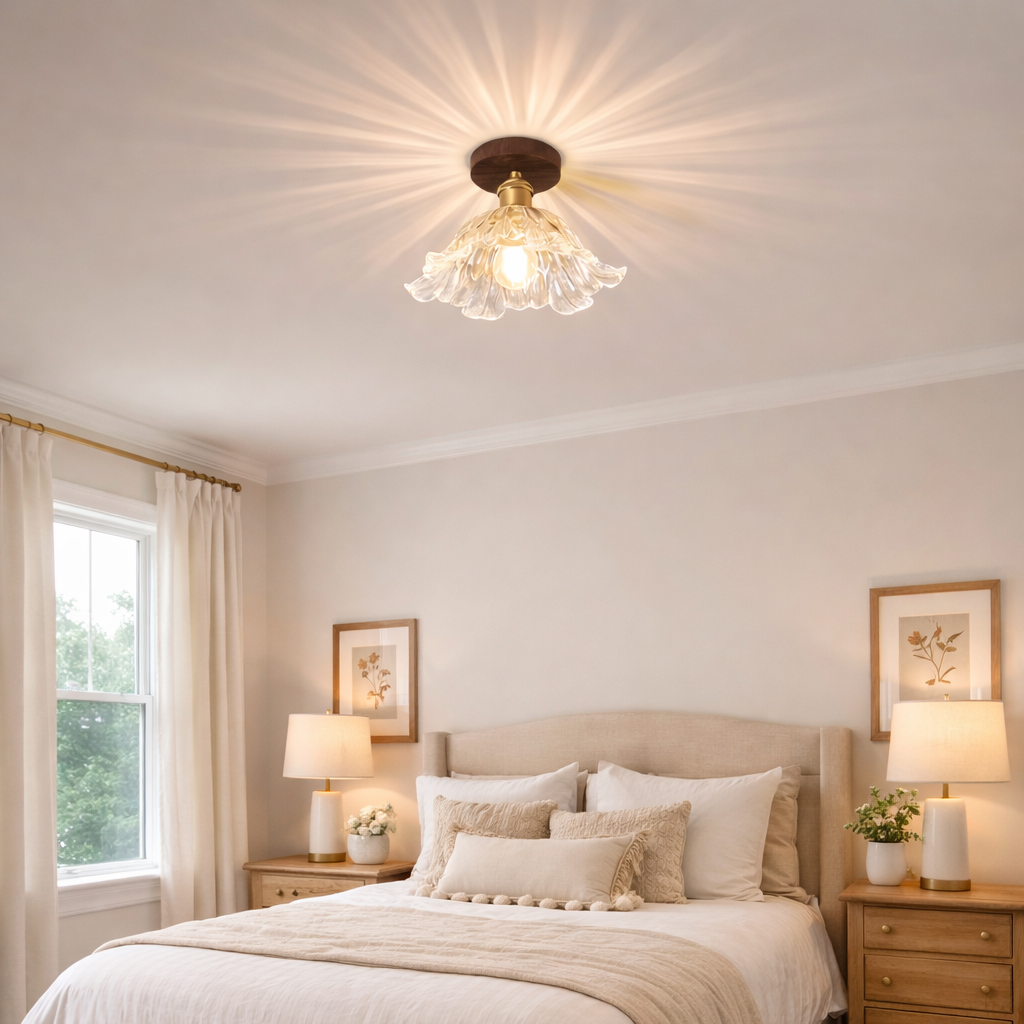 Vintage Ash Wood & Glass Flush Mount Ceiling Light