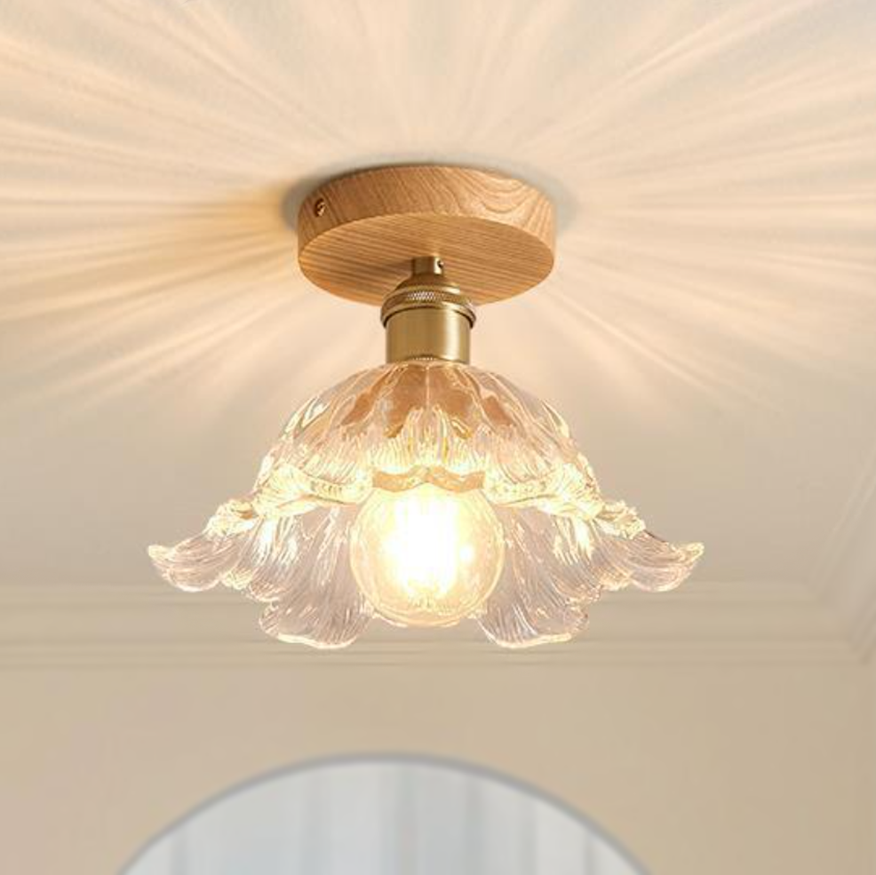 Vintage Ash Wood & Glass Flush Mount Ceiling Light